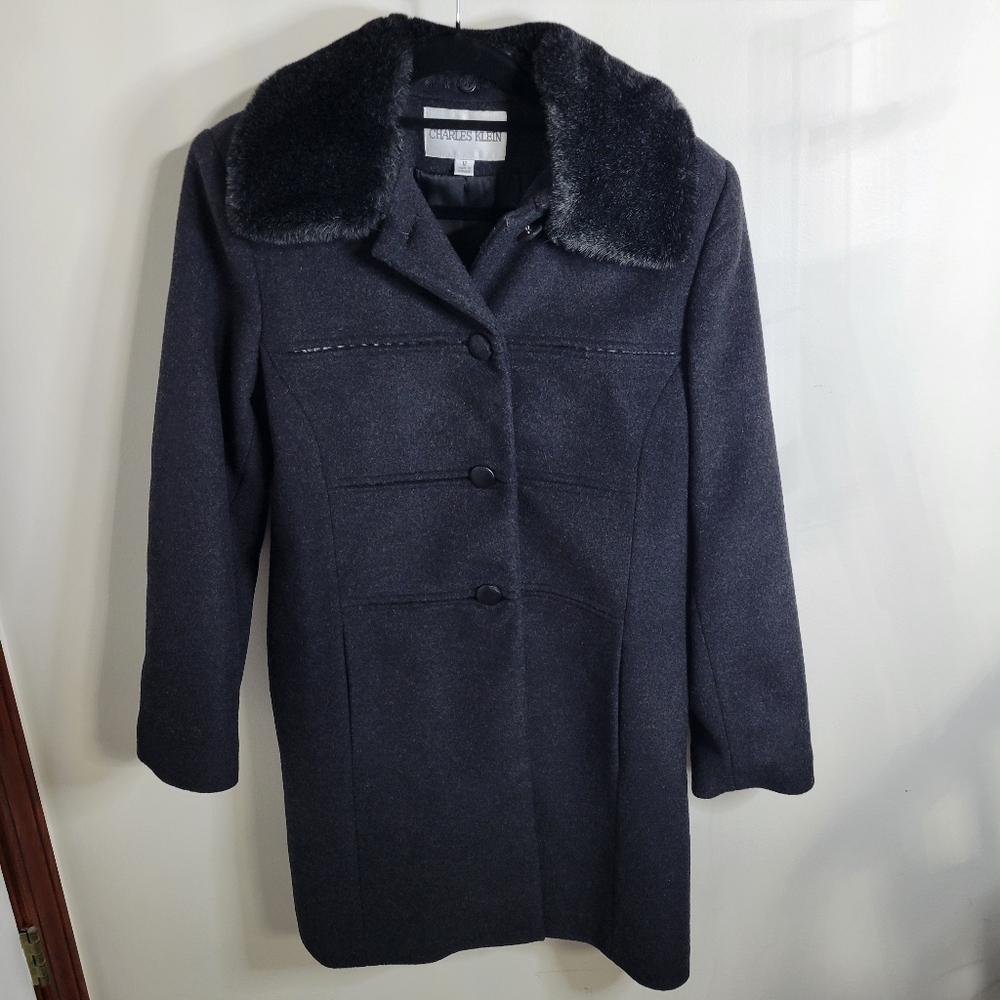 Charles Klein Women's 100% Wool Coat w/ Detachable Fur Collar, Size 12